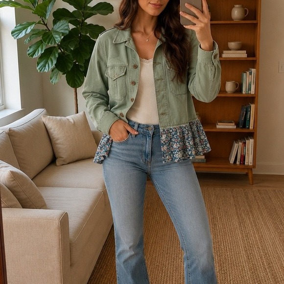 We The Free Jackets & Blazers - We The Free Military Jacket Small Green Floral‎ Ruffle Studded Utility Boho